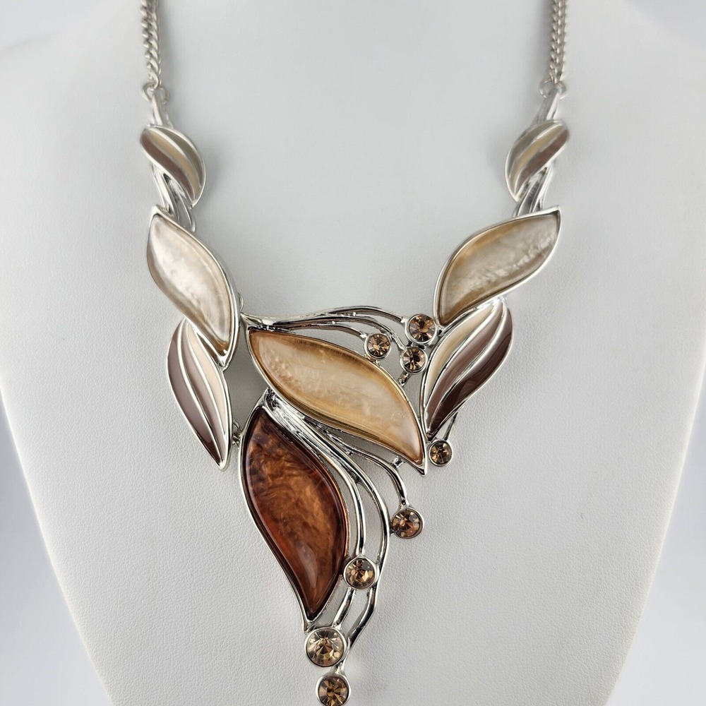 Lucite And Enamel Brown‎ Rhinestone Necklace Leaf Design